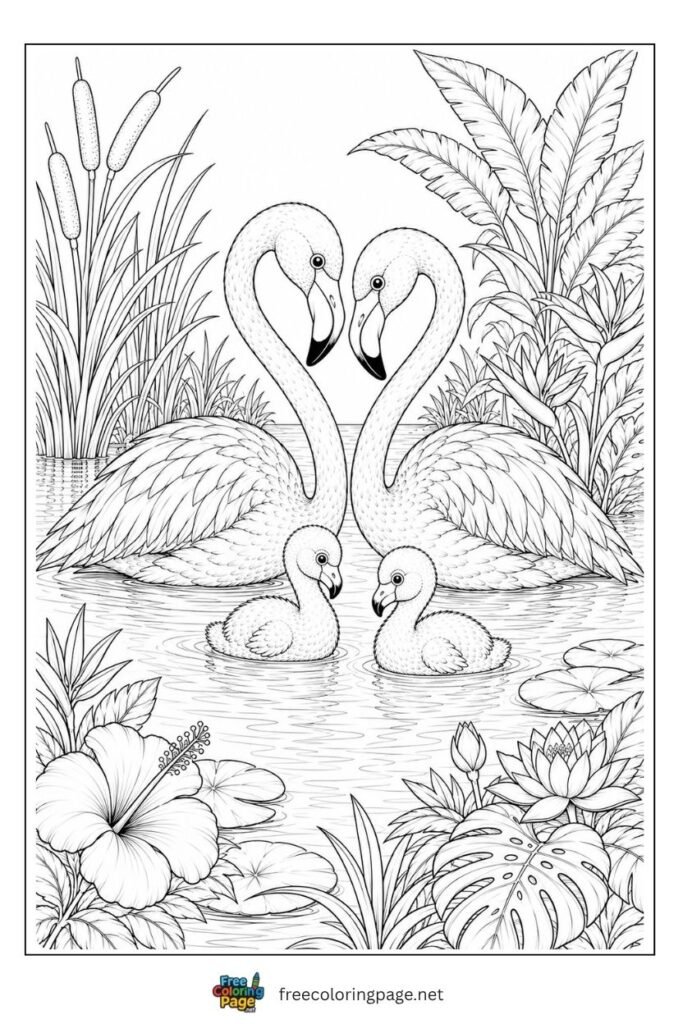 FLamingo family calmly swimming in tropical pond coloring page