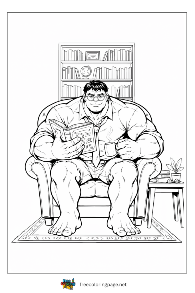Professor Hulk coloring page wearing glasses with academic clothing and coffee cup tiny in giant hand, 