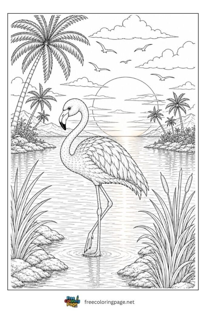 Real flamingo coloring page for adults