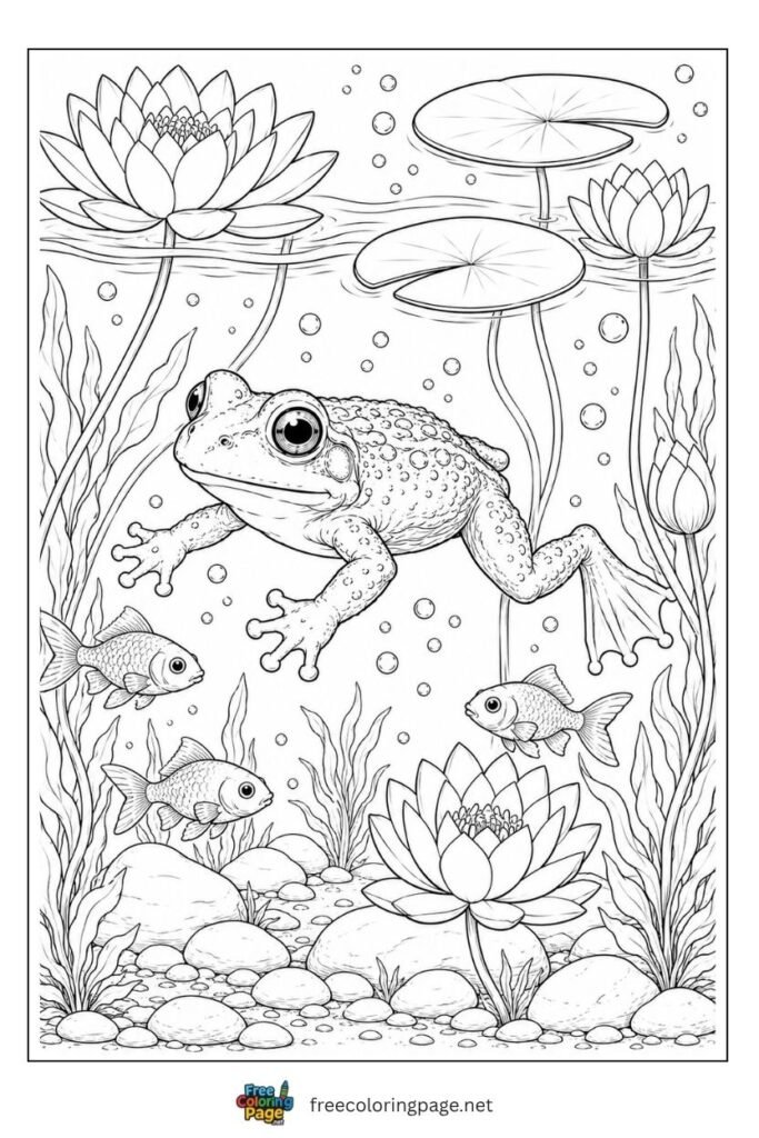 Real frog swimming underwater coloring page