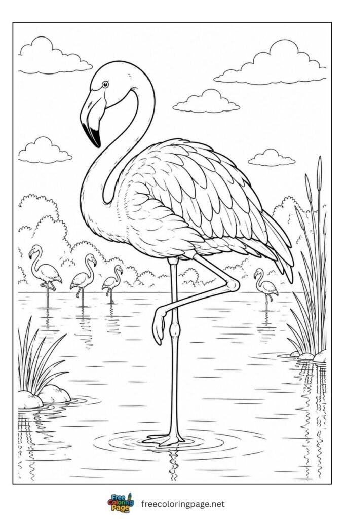 Realistic flamingo classic pose coloring page