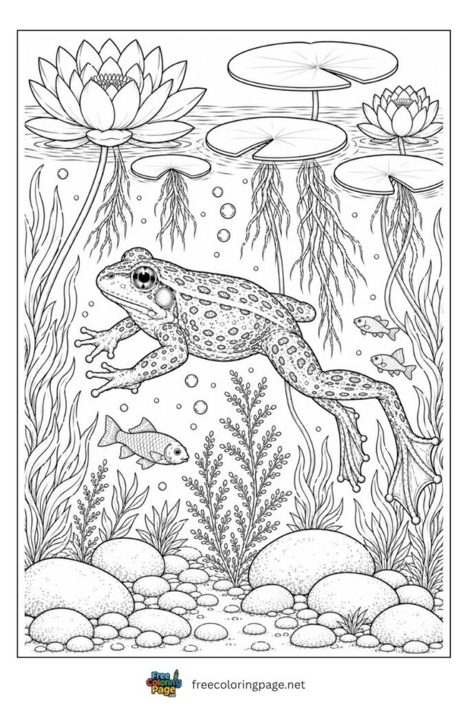 Realistic frog underwater coloring page
