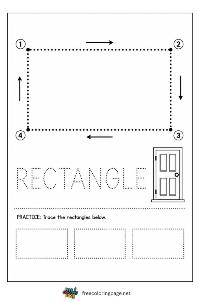 Rectangle tracing worksheet with corner arrows and door illustration, free printable