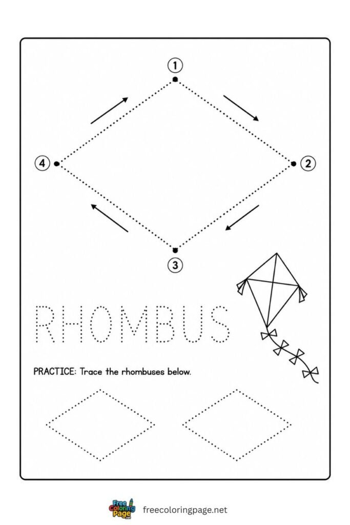 Rhombus tracing worksheet with numbered corner arrows and kite illustration, free printable
