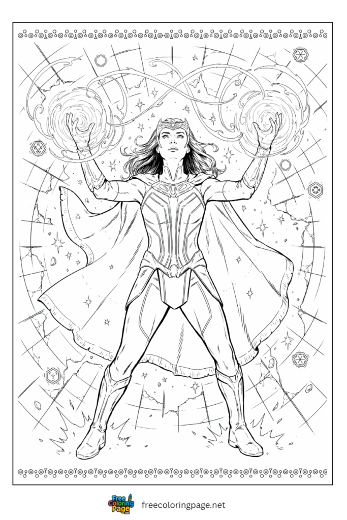 Scarlet Witch chaos magic coloring page with swirling energy orbs and reality distortion patterns, free printable
