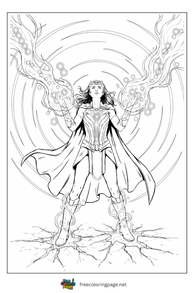 Scarlet Witch full power coloring page with hex energy crystallizing red eyes and reality tendrils at maximum power, 