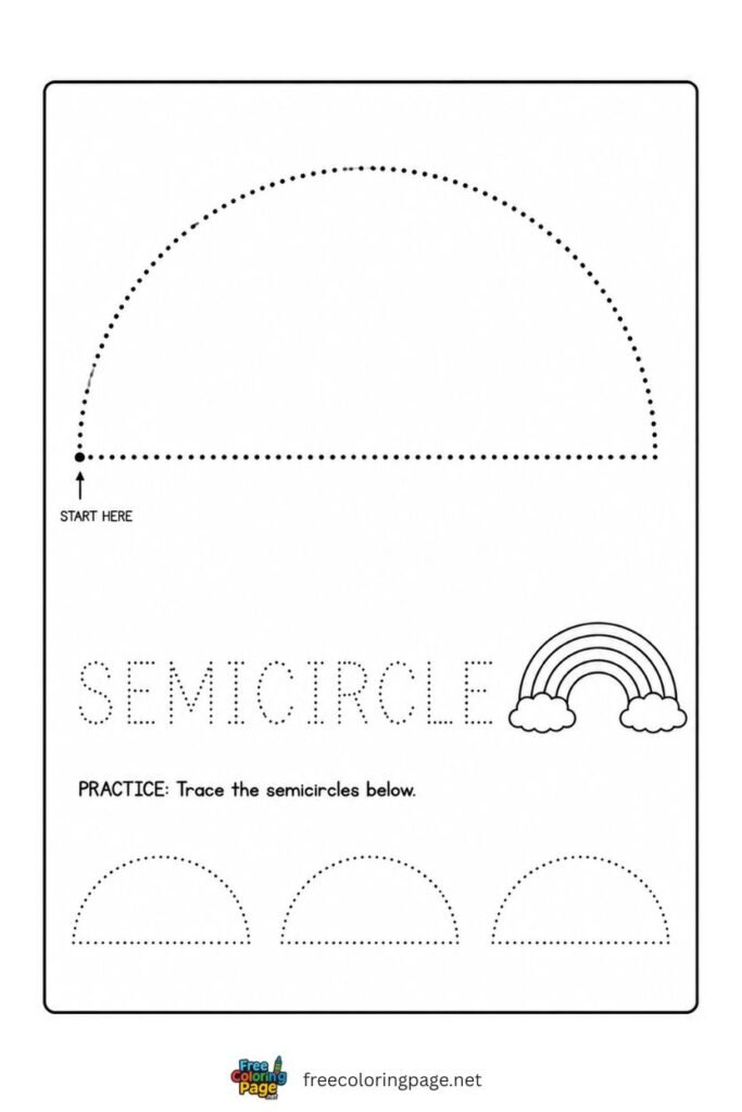 Semicircle half circle tracing worksheet with rainbow illustration, free printable