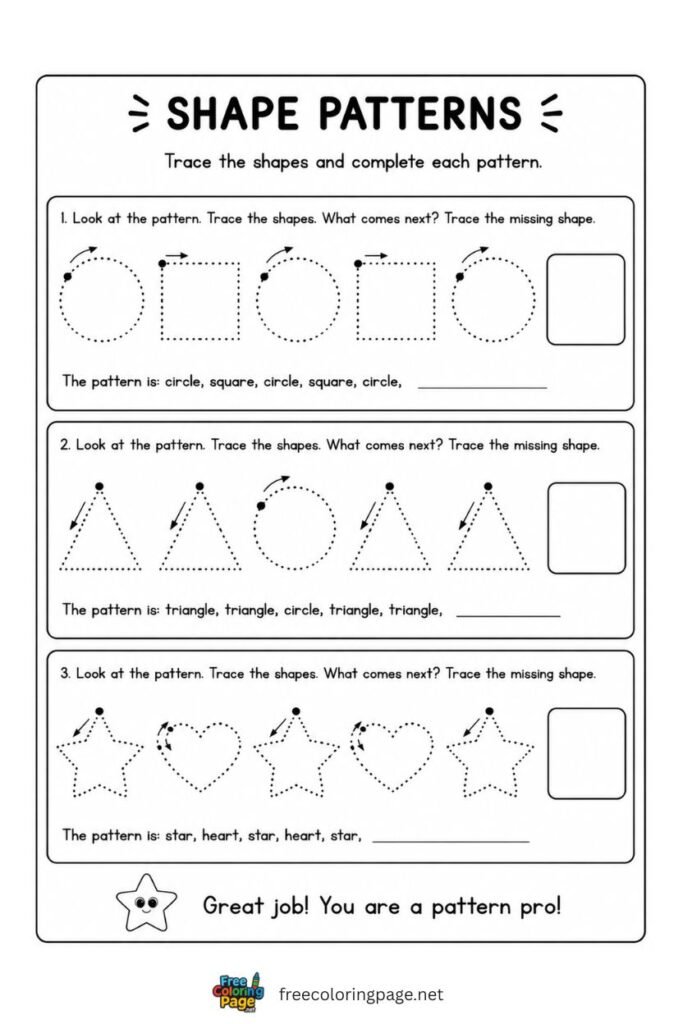 Shape pattern tracing worksheet with circle square and triangle repeating patterns, free printable