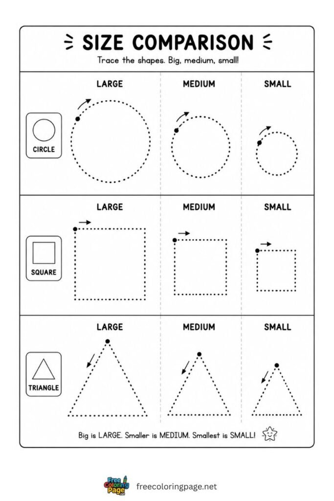 Shape size comparison tracing worksheet with large medium small circles squares and triangles, free printable