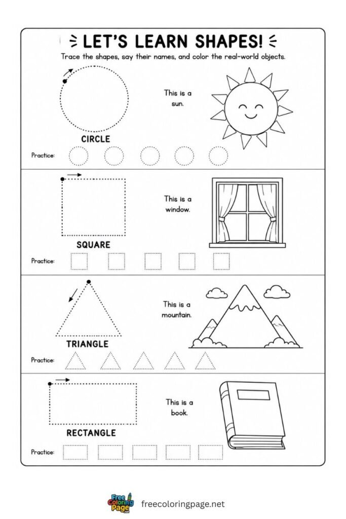 Shape tracing worksheet pairing each shape with a matching real world object, free printable