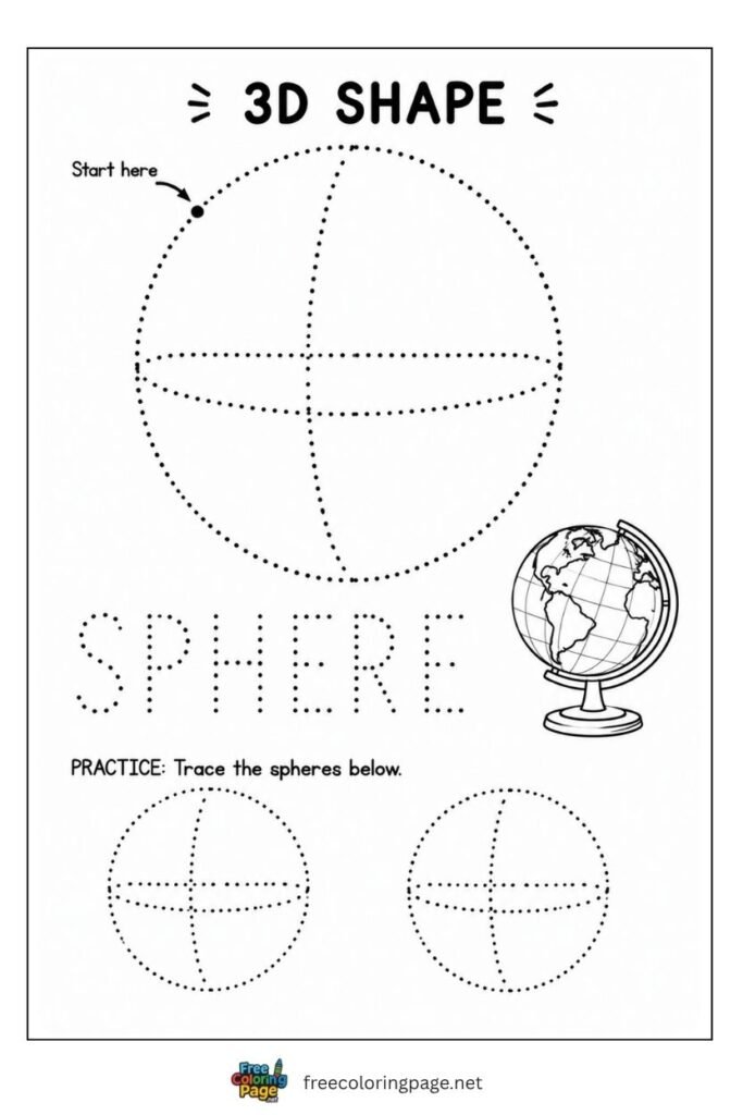 Sphere 3D shape tracing worksheet with globe illustration, free printable