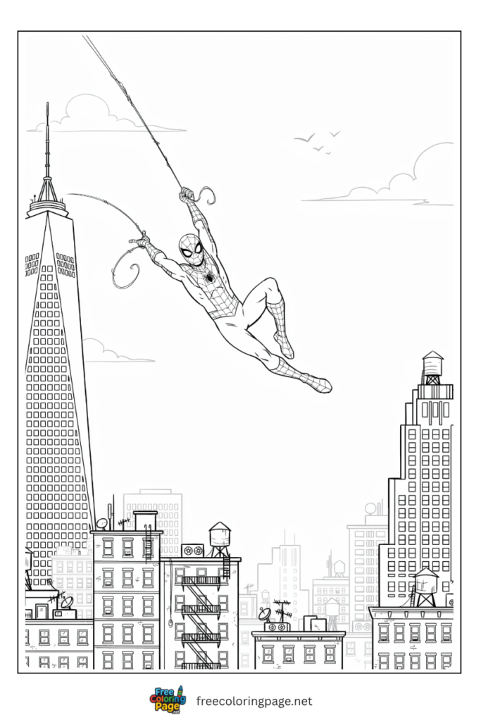 Spider-Man web swinging between Avengers Tower coloring page with classic costume and web detail, free printable