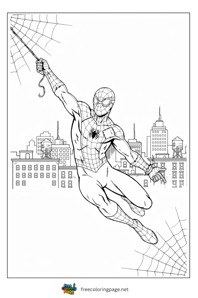 Spider-Man homemade suit coloring page with hand-sewn web pattern goggles and web swing Queens setting, 