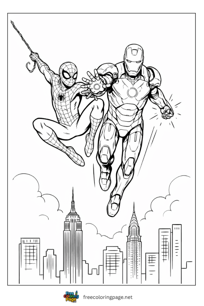 Spider-Man and Iron Man mentor duo coloring page with web swing and repulsor glow above New York, free printable