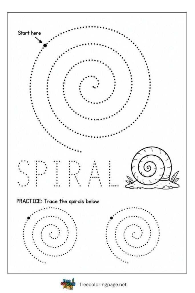 Spiral tracing worksheet with snail shell illustration, free printable