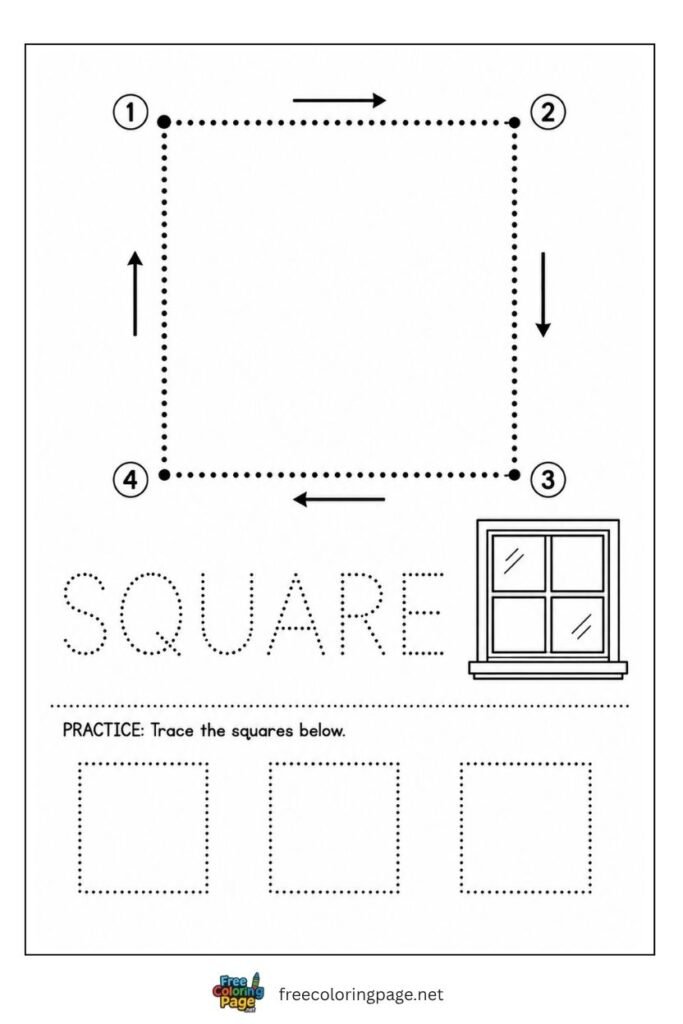Square tracing worksheet with numbered corner arrows and window illustration, free printable