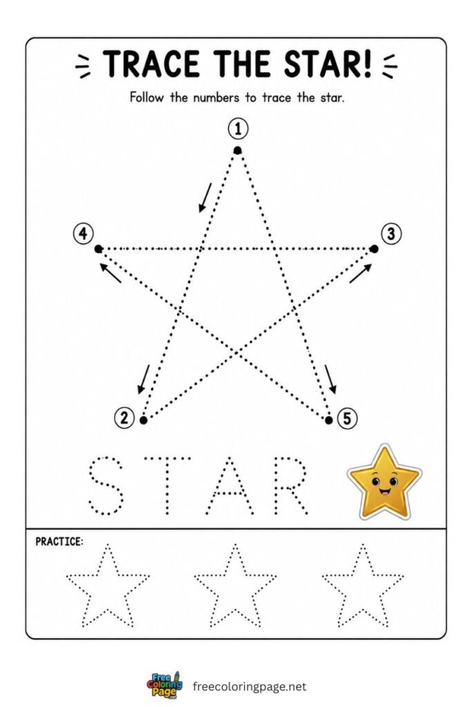 Star tracing worksheet with numbered diagonal stroke arrows and gold star illustration, free printable