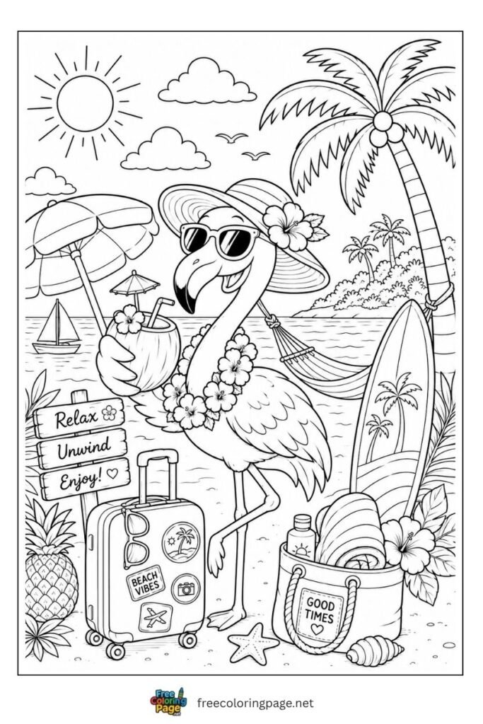 Summer flamingo coloring page