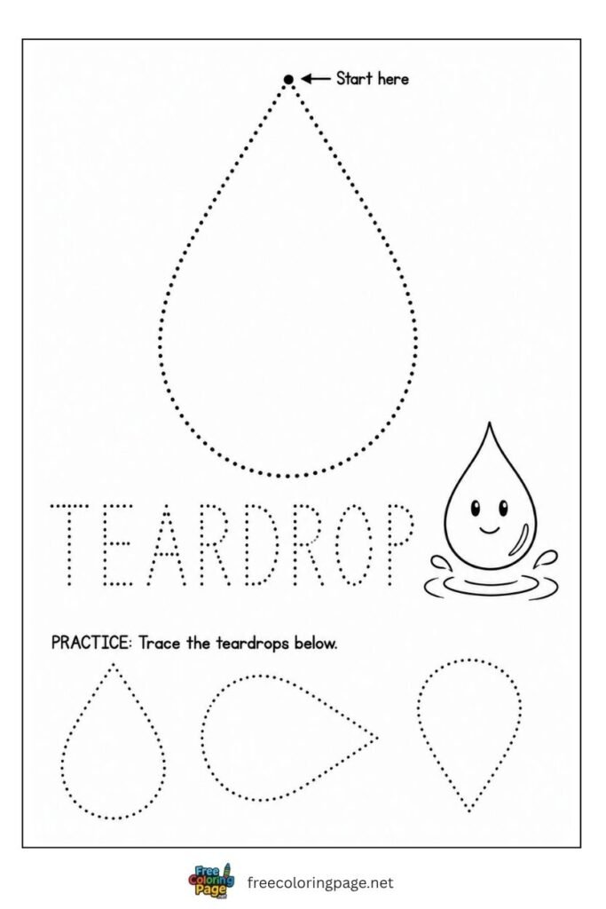 Teardrop shape tracing worksheet with water drop illustration, free printable