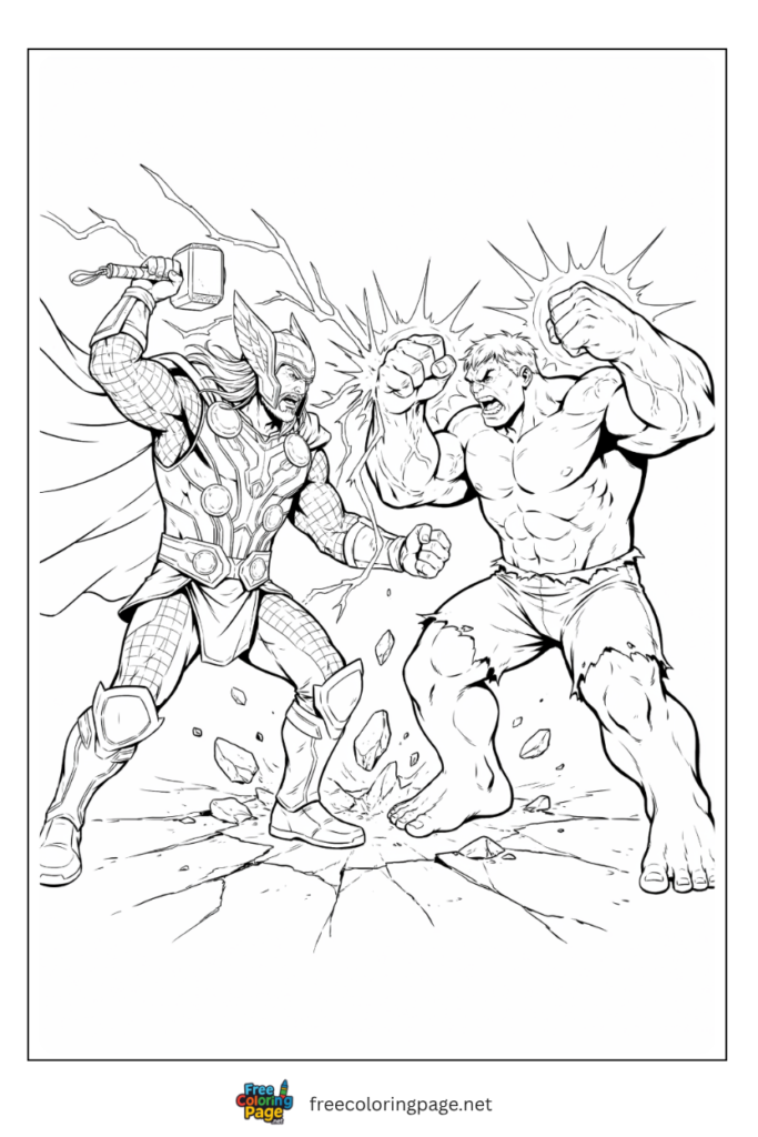 Thor and Hulk fighting side by side coloring page with Mjolnir and gamma smash, free printable