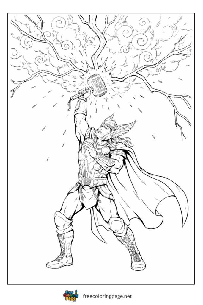 Thor Mjolnir lightning strike coloring page with branching lightning red cape and Norse armor, free printable