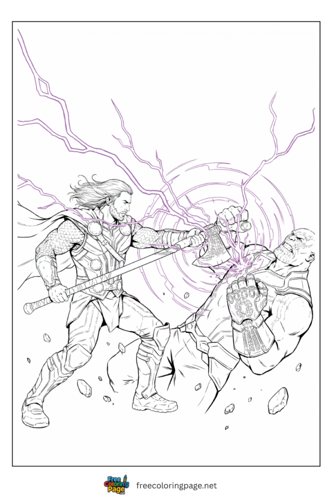 Thor Stormbreaker axe coloring page with Groot handle lightning crackling and powerful wide stance, 
