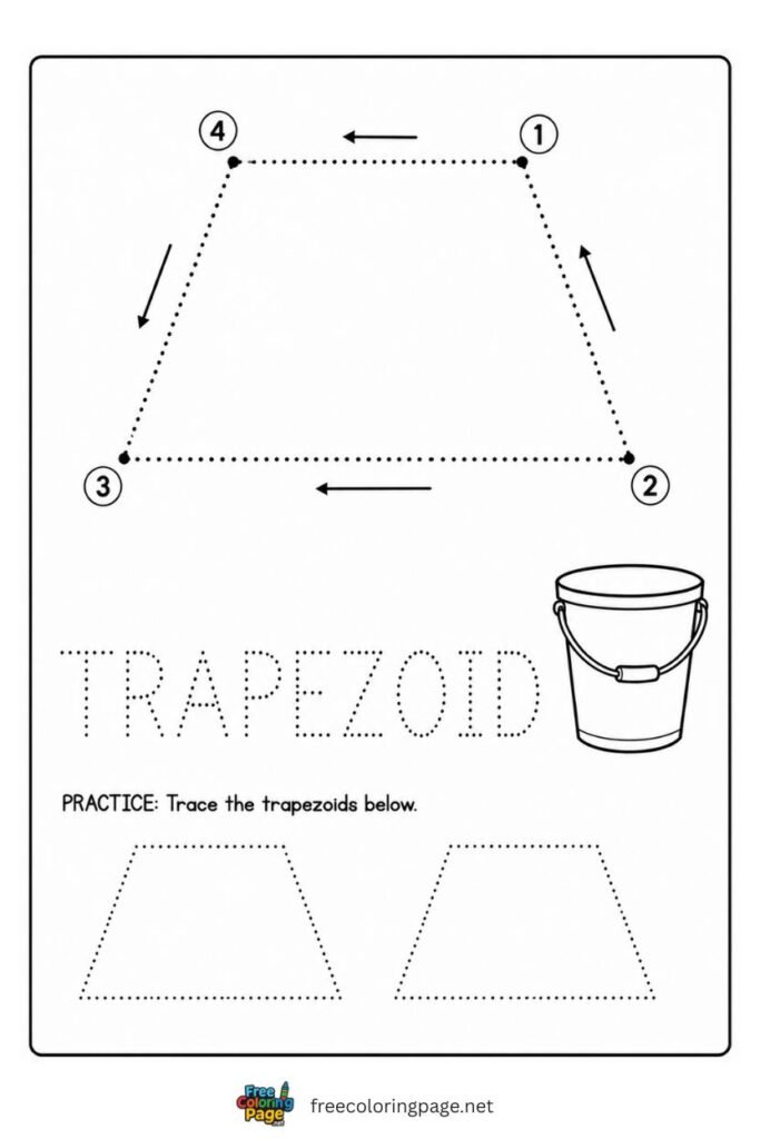 Trapezoid tracing worksheet with numbered side arrows and bucket illustration, free printable