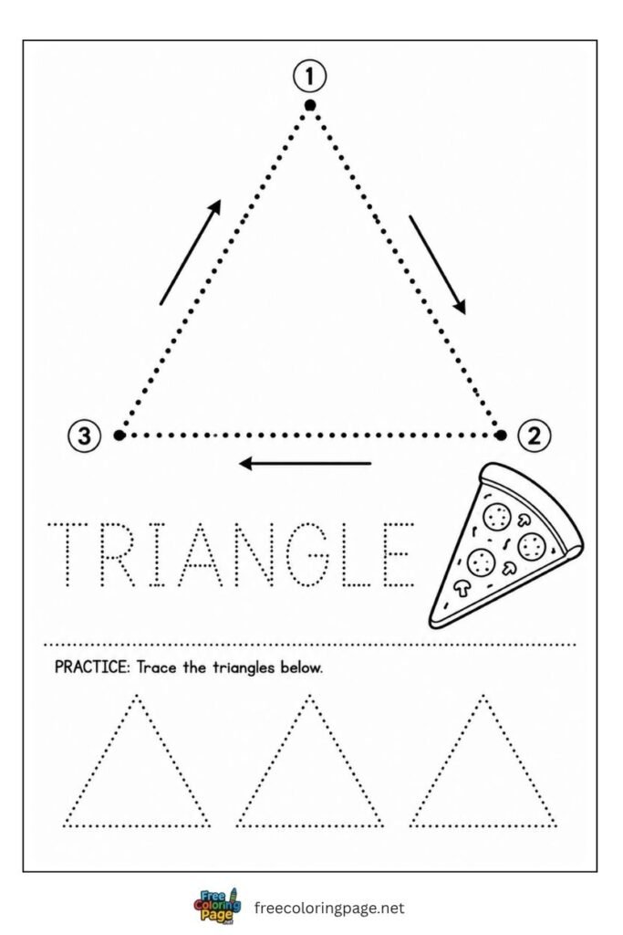 Triangle tracing worksheet with numbered stroke arrows and pizza slice illustration, free printable