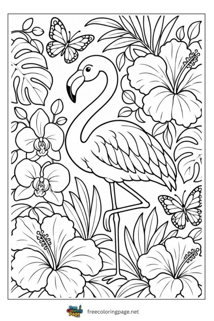 Tropical flamingo with hibiscus flowers palm trees coloring page