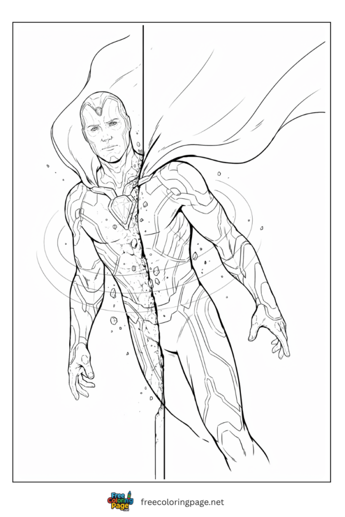 Vision phasing through concrete wall coloring page with Mind Stone glowing and circuit pattern costume, free printable