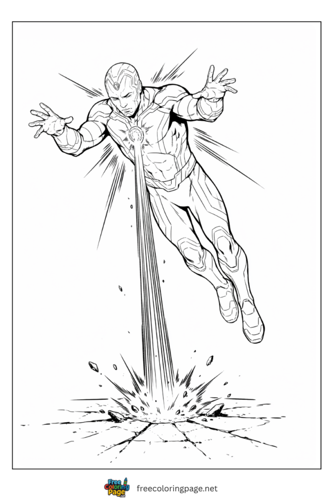 Vision Mind Stone energy beam coloring page hovering with yellow forehead beam and android body glowing, 