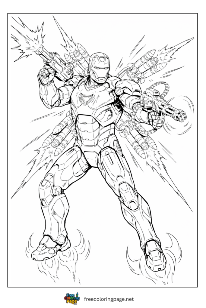 War Machine coloring page with shoulder cannon minigun missile ports and jet boots all deployed, free printable