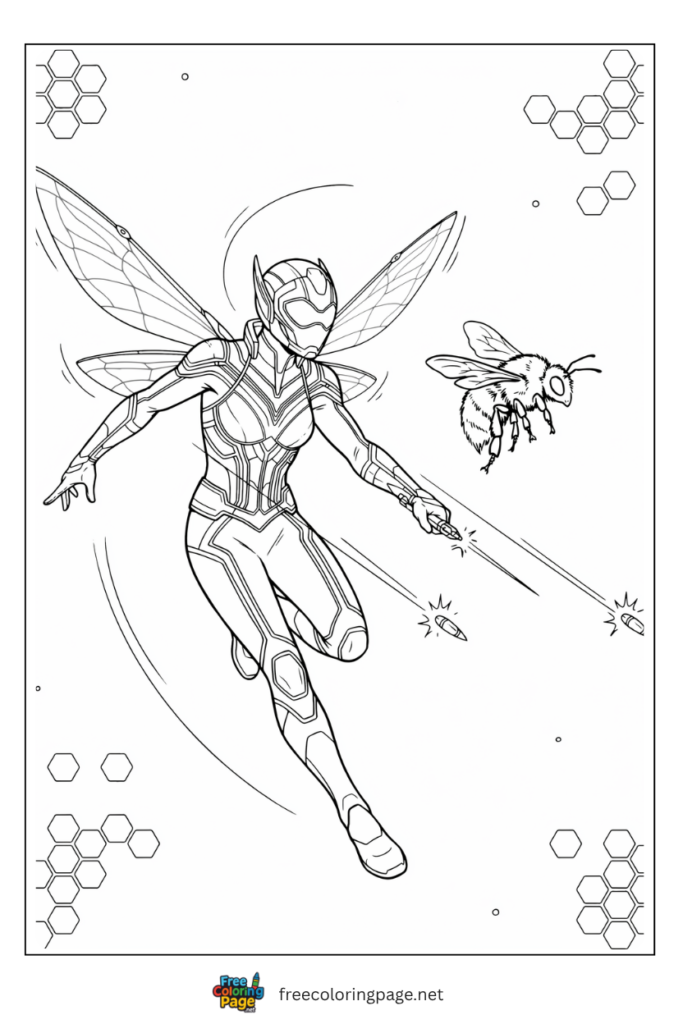 Wasp flying at insect size coloring page with bio-synthetic wings stingers and bumblebee for scale, free printable