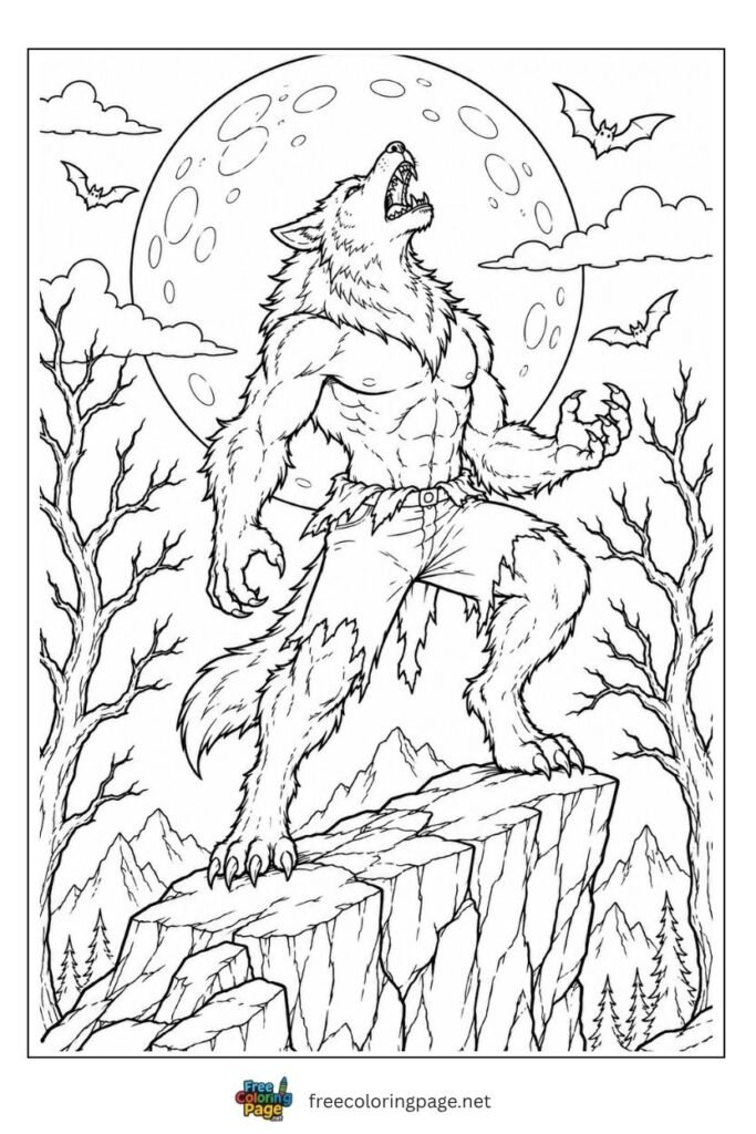 Halloween werewolf coloring page howling at full moon on rocky cliff with bare trees