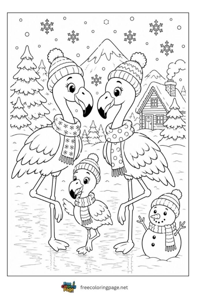 Flamingo wearing winter scarf coloring page