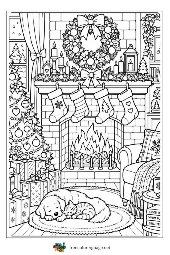Cozy Christmas fireplace coloring page with stockings wreath gifts and decorated tree warm interior scene, free printable