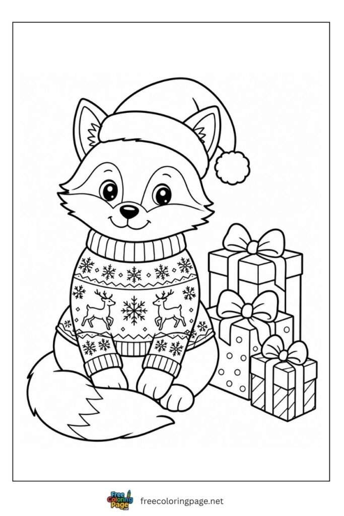Christmas fox coloring page wearing reindeer pattern Christmas sweater with Santa hat and gifts