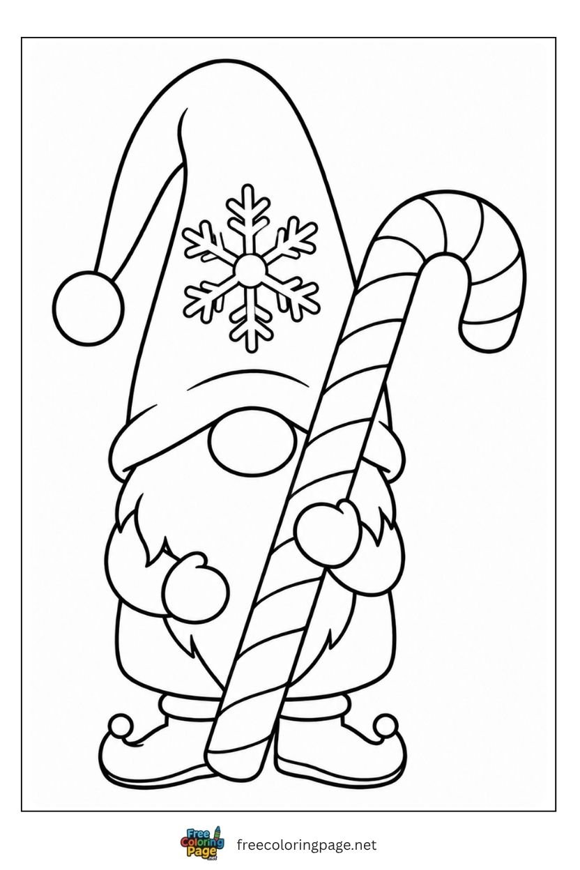 Christmas gnome holding oversized candy cane coloring page with snowflake hat and elf boots