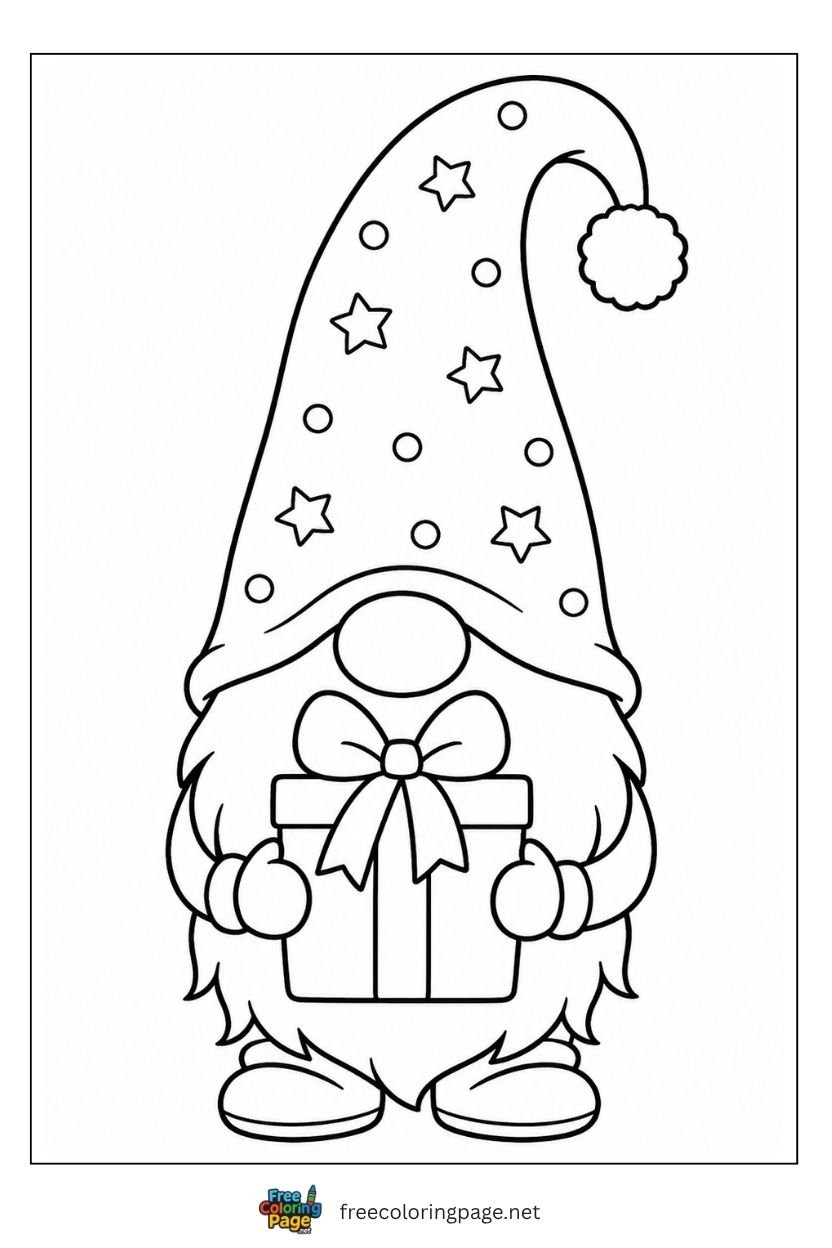 Christmas gnome coloring page with tall red hat rosy nose and wrapped gift box