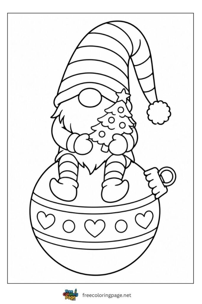 Christmas gnome sitting on large ornament coloring page with drooping hat and mini Christmas tree