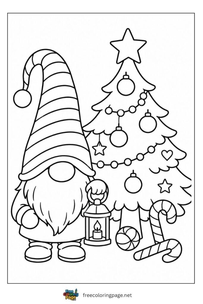 Christmas gnome coloring page beside decorated Christmas tree holding lantern with candy canes