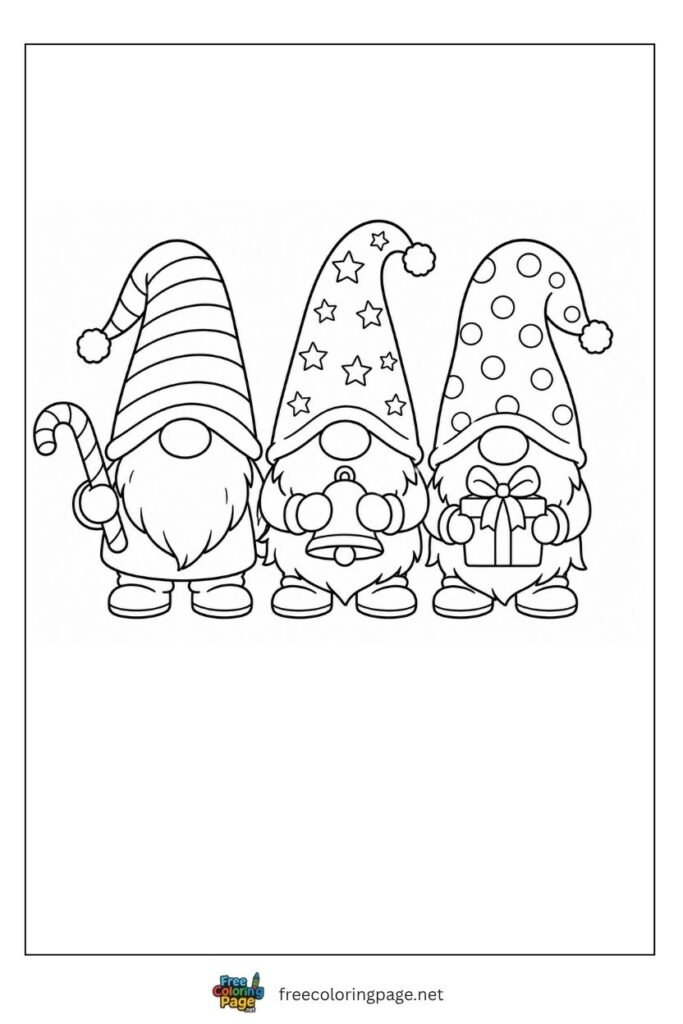 Three Christmas gnomes coloring page with different hats holding candy cane bell and gift