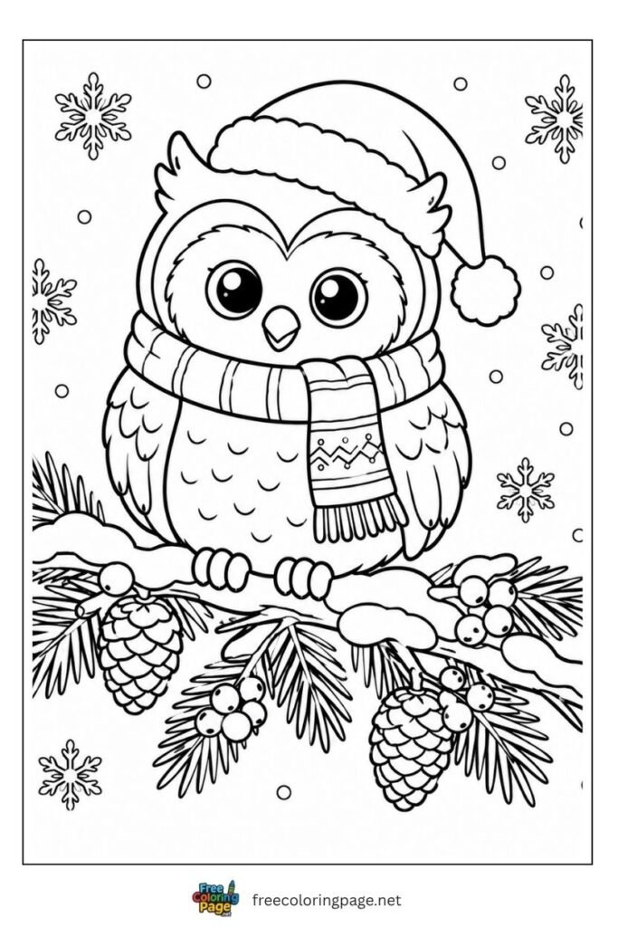Christmas owl coloring page on snowy pine branch with Santa hat scarf pine cones and snowflakes