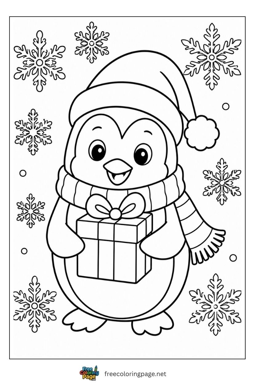 Christmas penguin coloring page wearing Santa hat with scarf holding wrapped gift and snowflakes