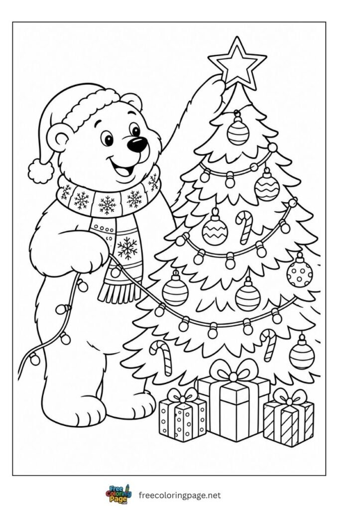 Christmas polar bear coloring page decorating tree placing star with lights and ornaments