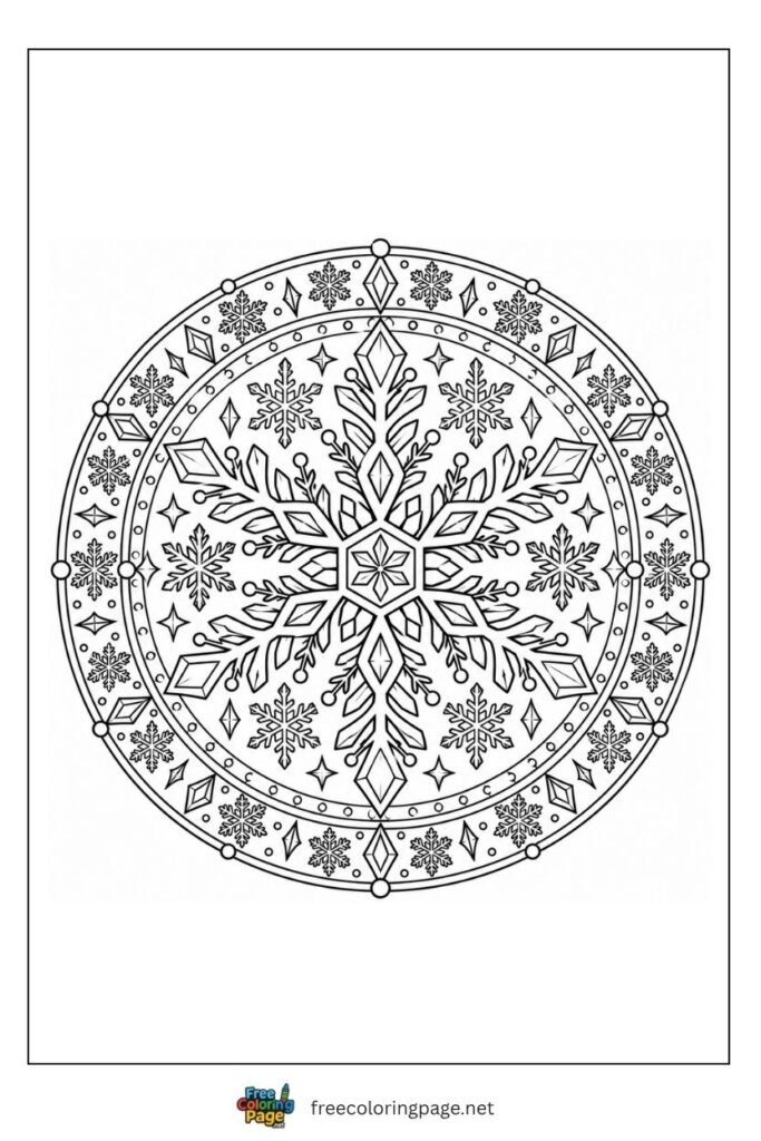 Christmas snowflake mandala coloring page with complex six-pointed center and crystal pattern rings, free printable adults
