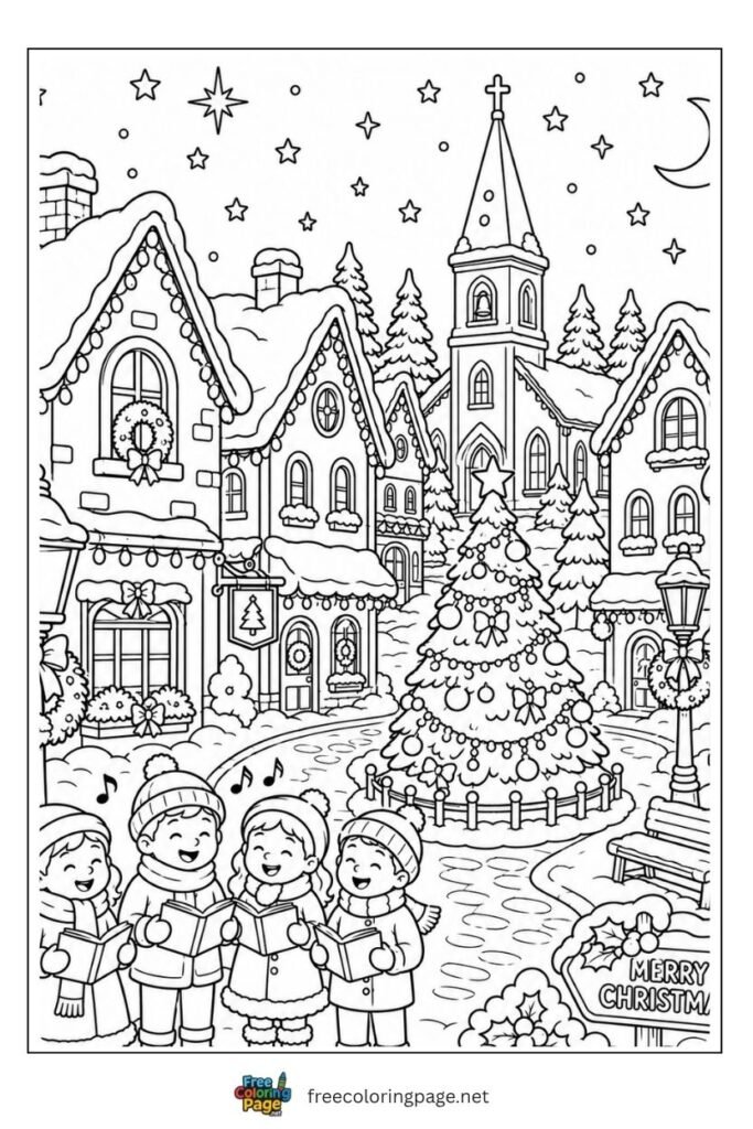 Christmas village night scene coloring page with decorated houses church carolers and snowy streets, free printable