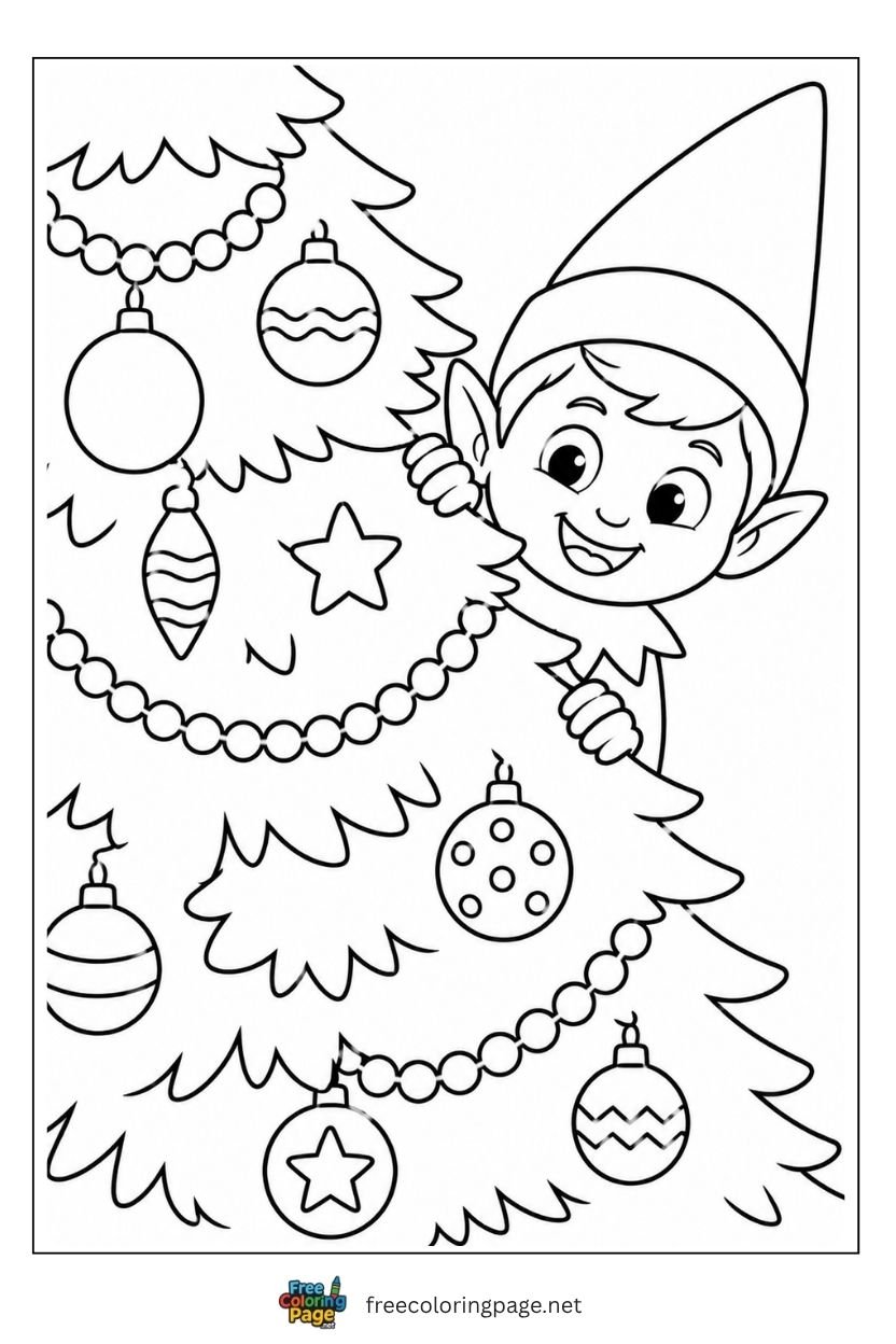 Elf on the Shelf peeking from behind Christmas tree coloring page with wide eyes and mischievous grin