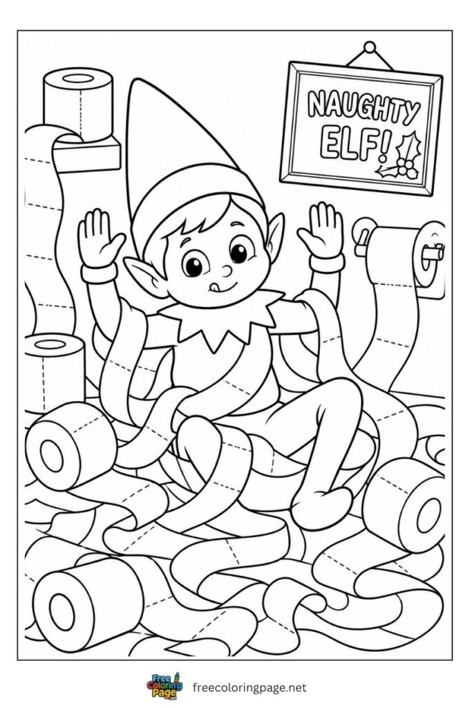 Elf on the Shelf caught being naughty coloring page with guilty cheeky expression and mischief scene