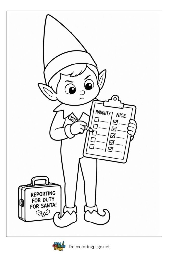 Elf on the Shelf coloring page holding clipboard with naughty and nice list in reporting pose